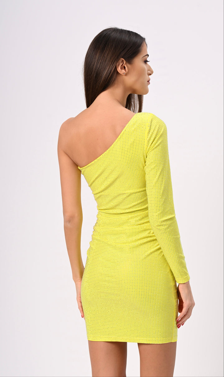 One Sleeve Yellow Crystal Dress
